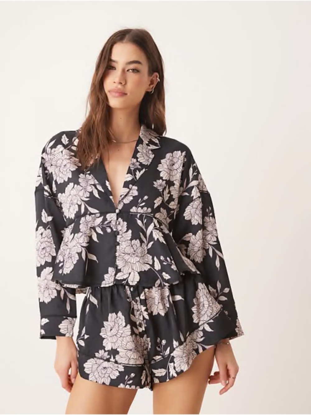New! Free People Beauty Sleep Floral Satin PJ Set - Black & Lilac. Size Med.